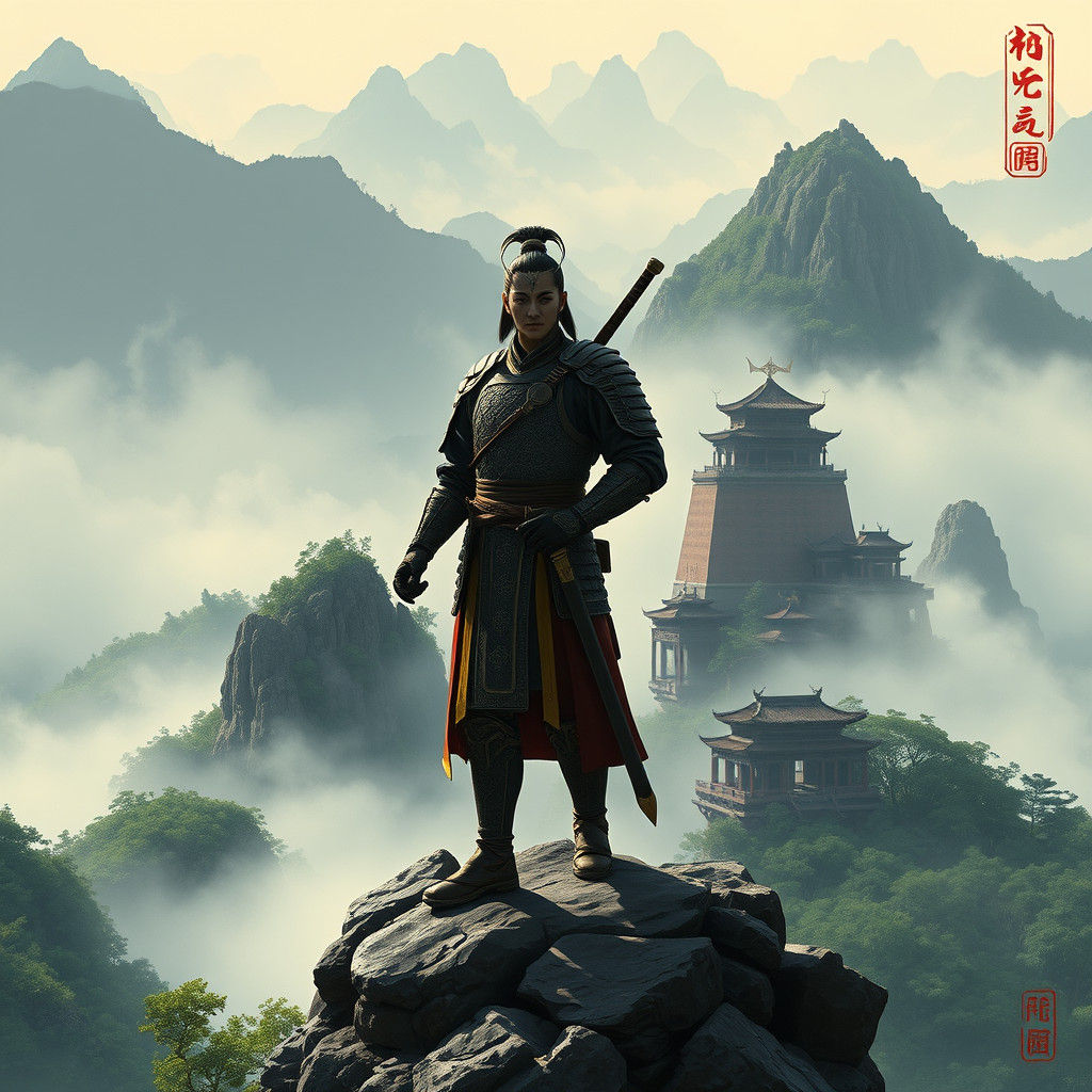 Warrior on Emei Mountain in Chinese Ink Wash Style