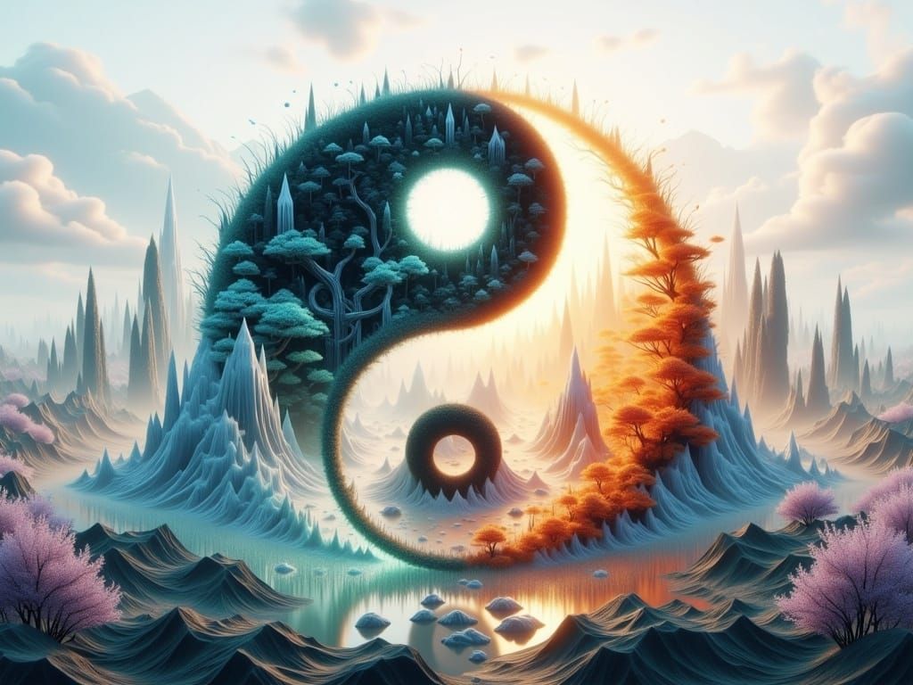 <lora:Yin-Yang scenery:1.0> A beautiful ying and yang landscape made of misty pastel watercolor By Alexander ...  by @Summerchild