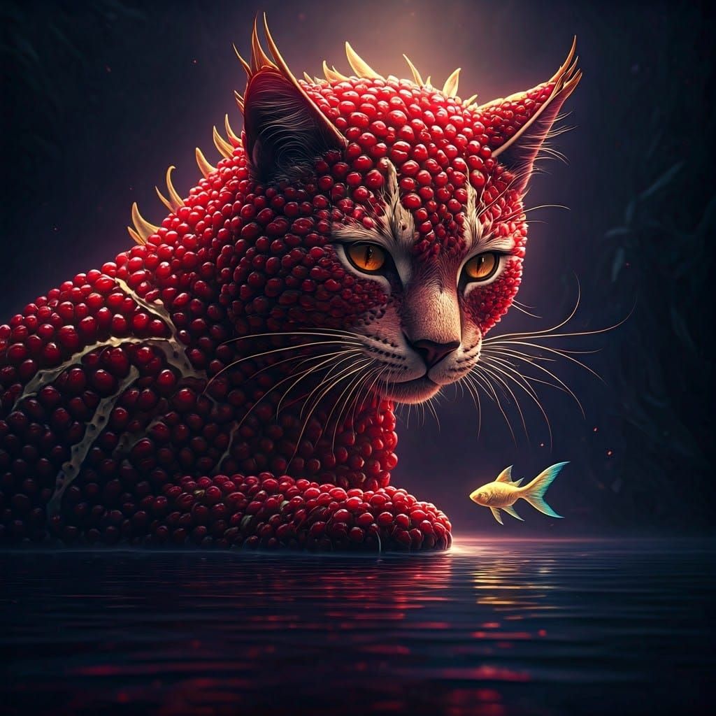a cat made of pomegranate seeds looks with appetite at a small fish in the water in front of him  by @Likra