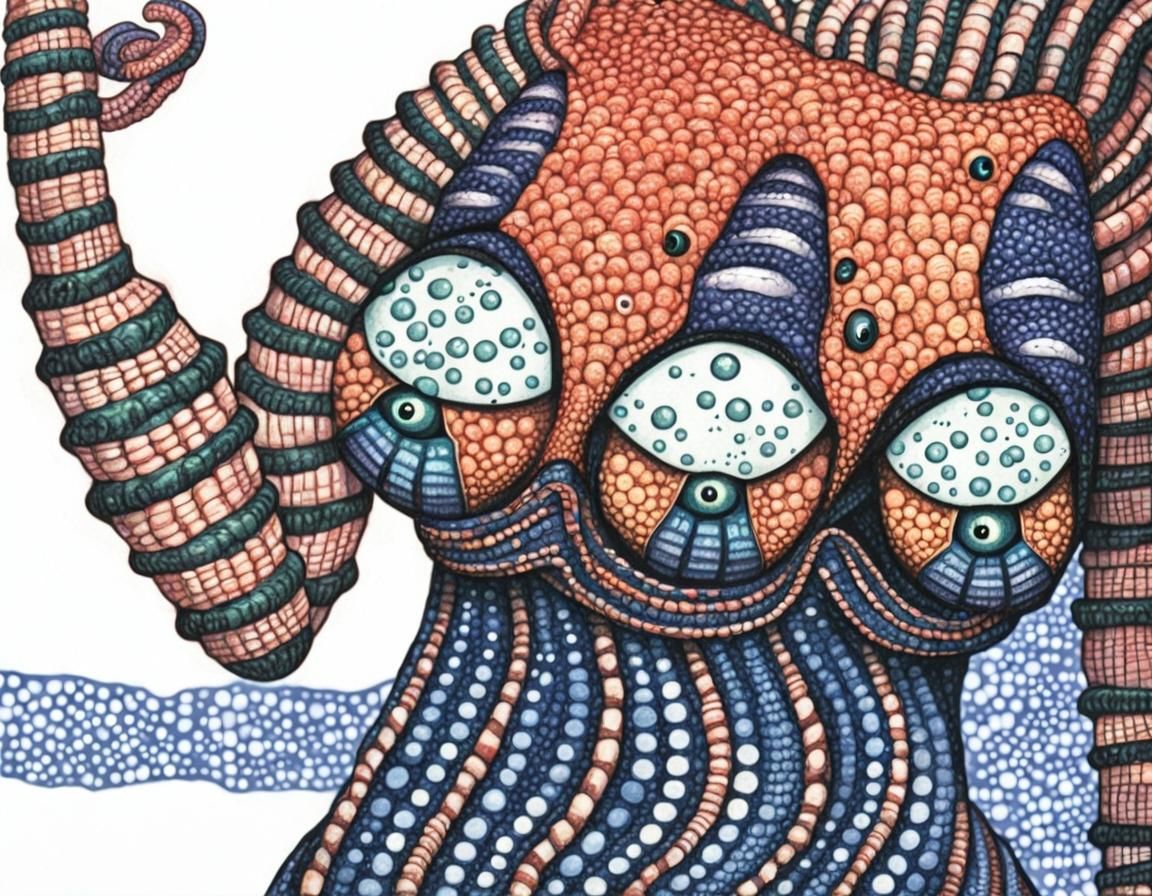 A three-eyed alien species stares at you with her compound-e...