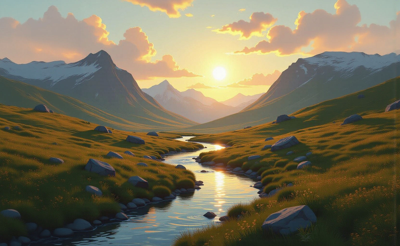 Sunlit Mountains and Hills Landscape