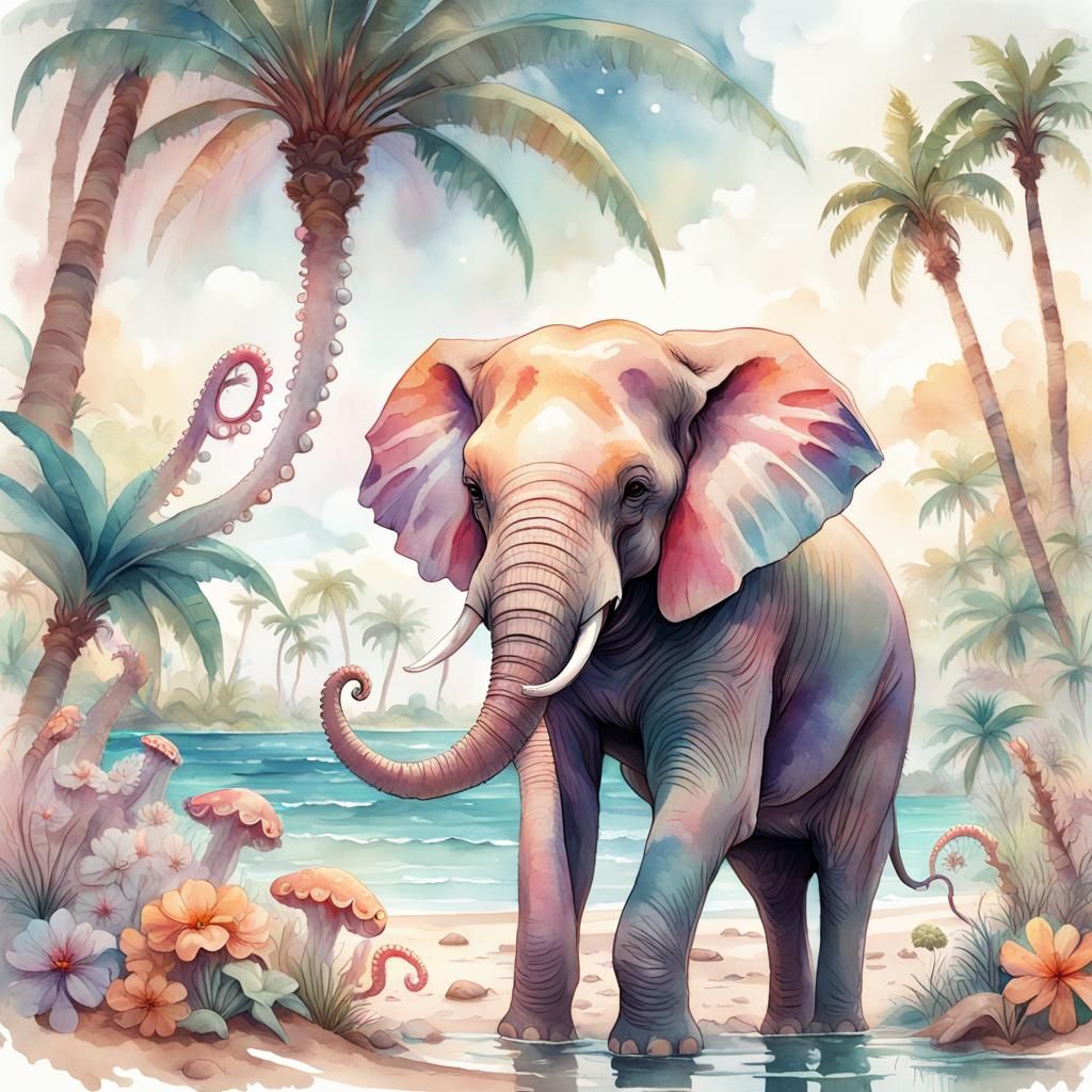Elephant and Octopus Explore Island in Watercolor Style