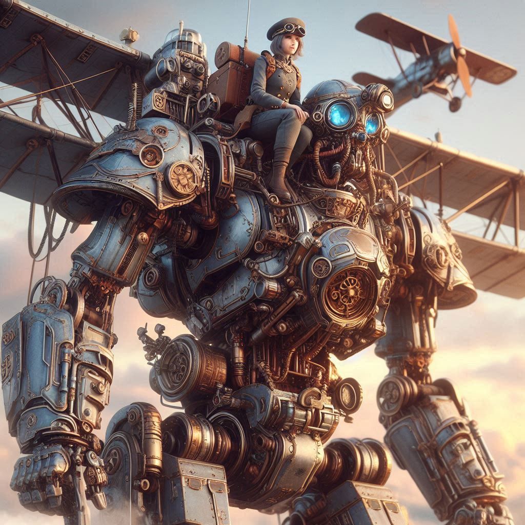 Steampunk mecha and her pilot