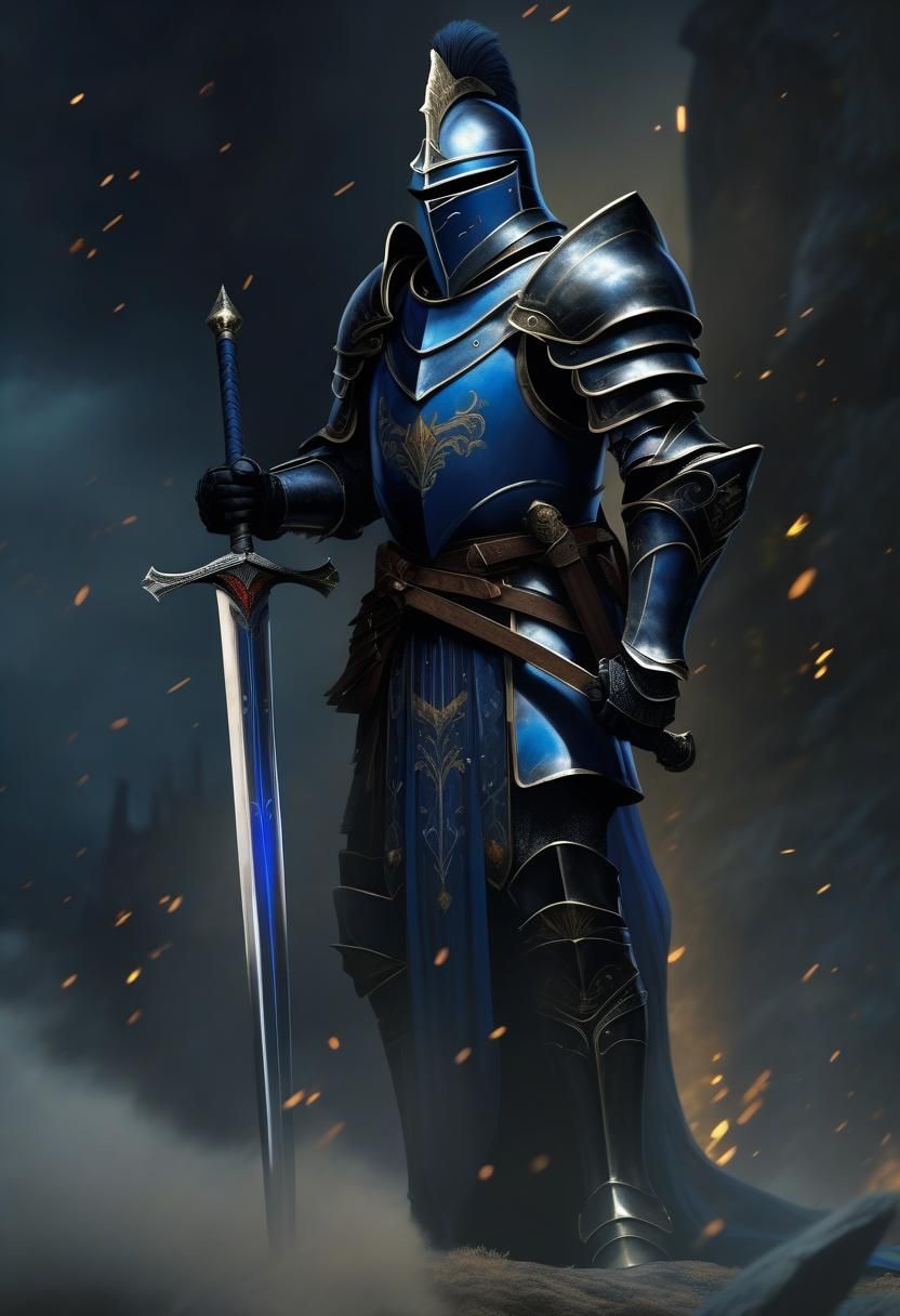 Full armor Knight with a black and blue robe whielding a lon...