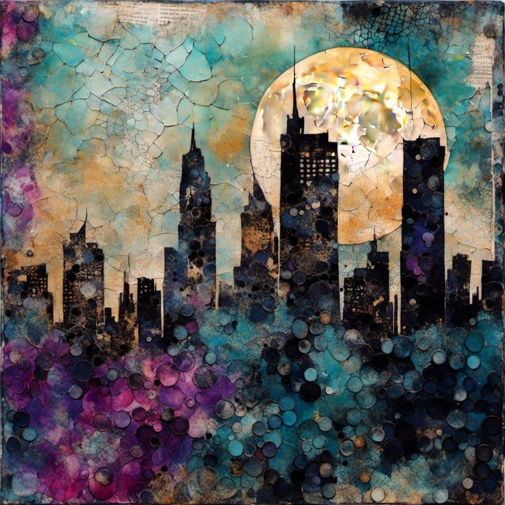 <lora:Art Journal:1.0> highly textured art journal crackle finish  cityscape full moon, mixed media encaustic painting; mix of painting, pho...