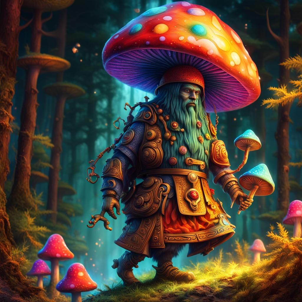 The mushroom humanoid strides purposefully through the vibra...
