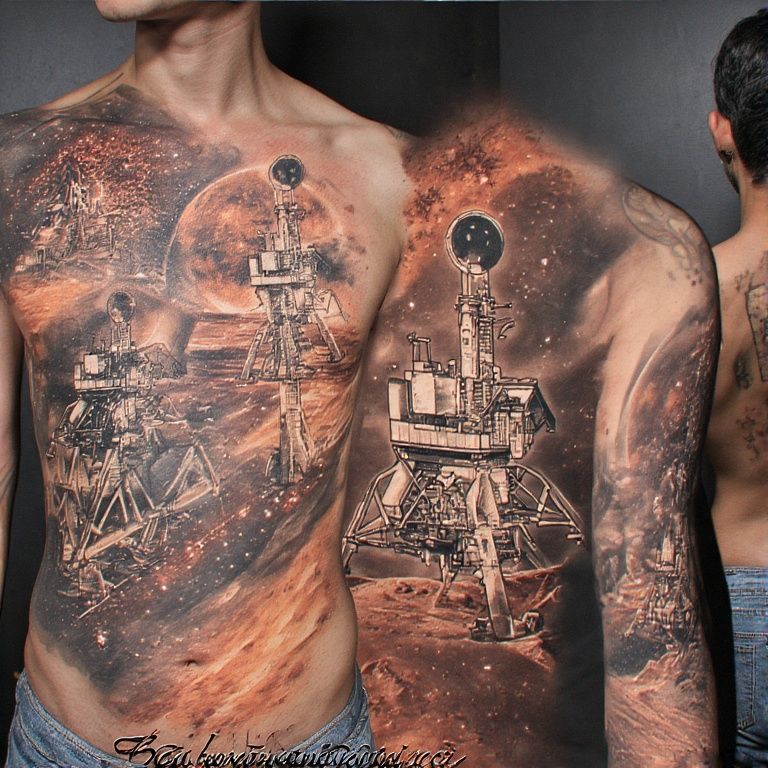 Double exposure Mars landing tattoo sheet on model.