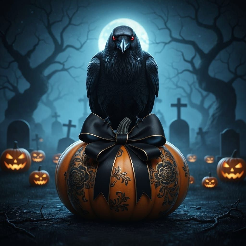Raven on a pumpkin in graveyard