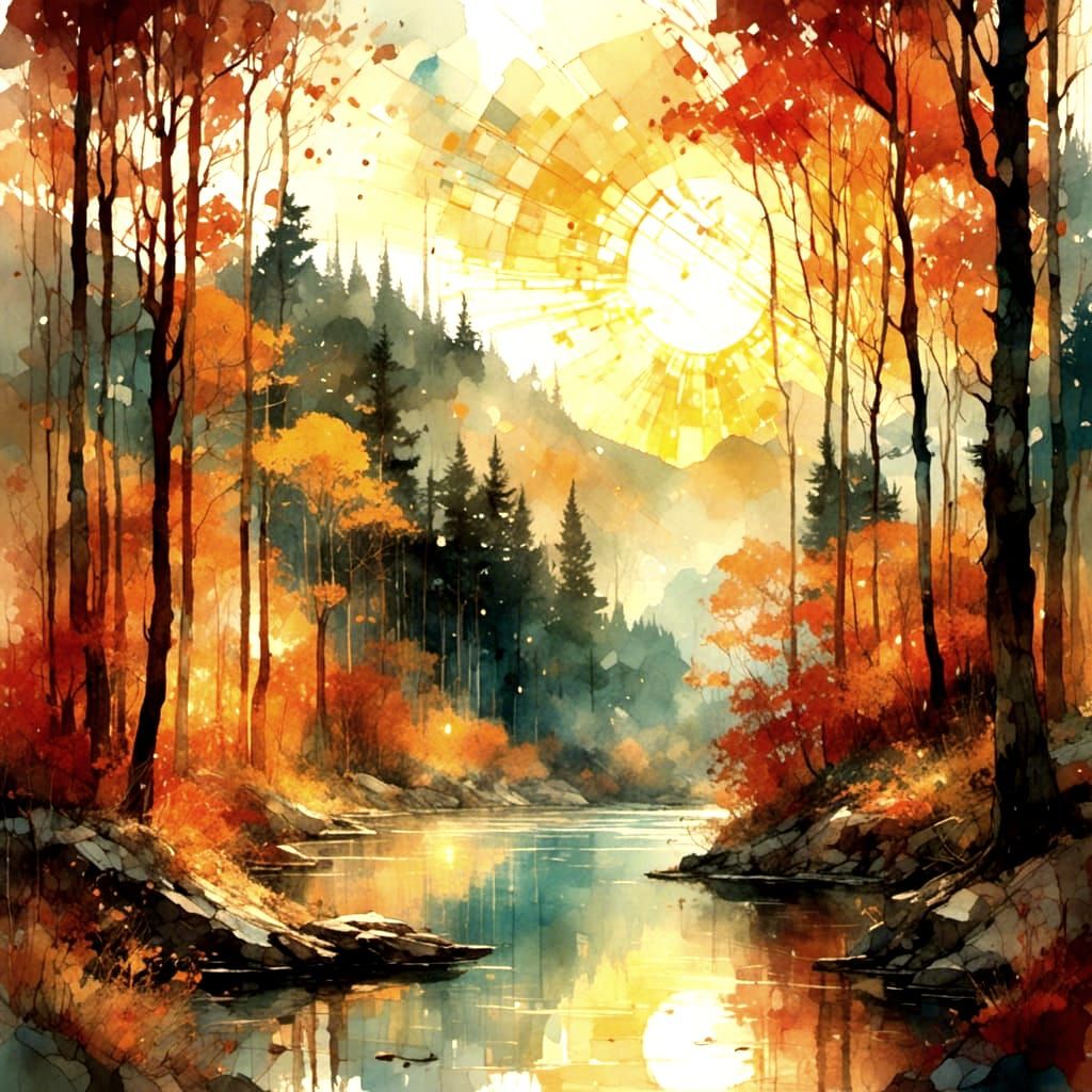 paysage automnal baigné par des rayons de soleil <lora:DollopOfSerenity:1.0>   by @Dominique Masset