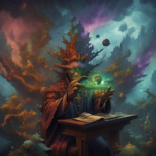 <lora:Spirit World:1.0> front cover face portrait of a Mangrove Wizard monster, floating inside magic has the letter "A" on it, cluttered de...
