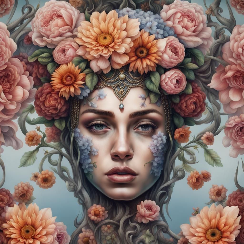 A hyperrealistic colored image of a female face with a crown...