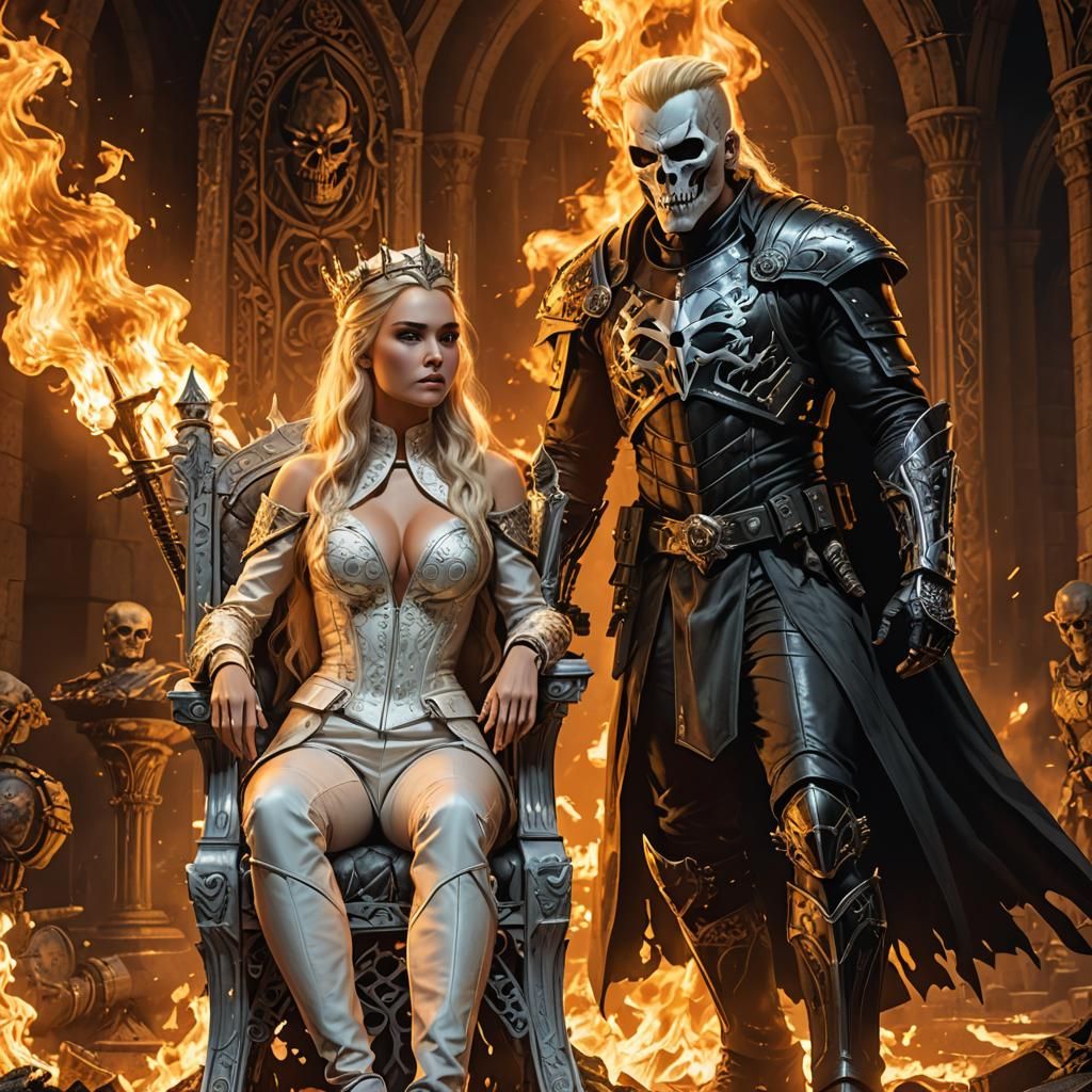 Beautiful Blonde Princess sitting on her throne next to a midivil knight in the likes of Game of Thrones. Comic book art styling similar to...