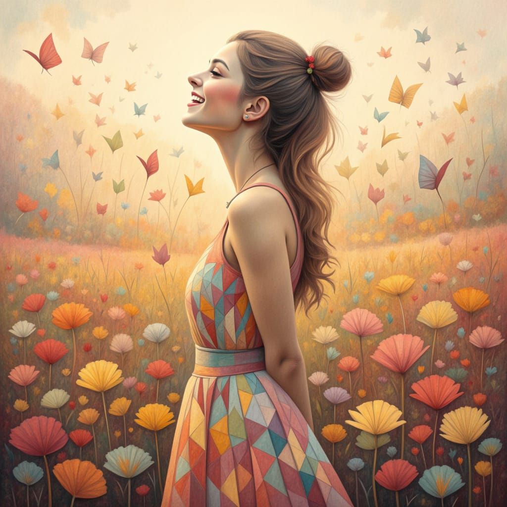 a happy woman in a flower meadow, warm watercolours, delicate colours, light, surreal, detailed matte oil painting<lora:Geometrika:1.0>