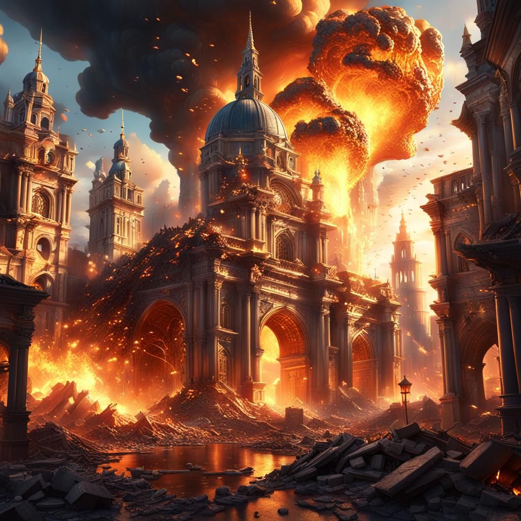 Explosion Destroys Ancient City in Fantasy Art