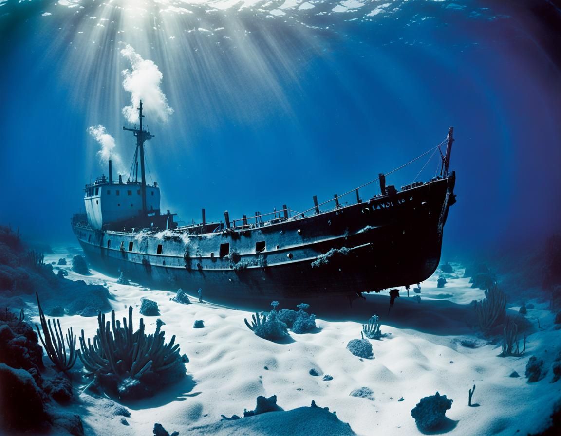 "(cyanotype printing:1.5), underwater wreck of caravelle, Ch...