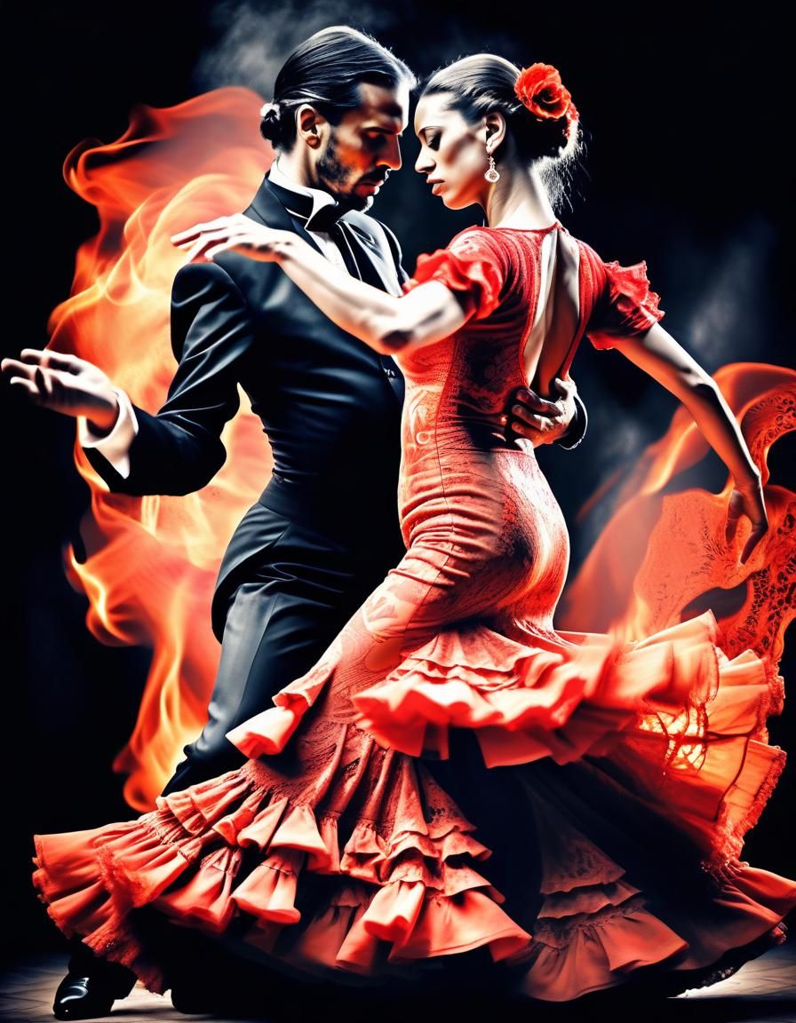 Two flamenco dancers among the ablaze, 1male and 1 female. Epic dance, dresses full of frills and lace, majestic and solemn. A superimposed...