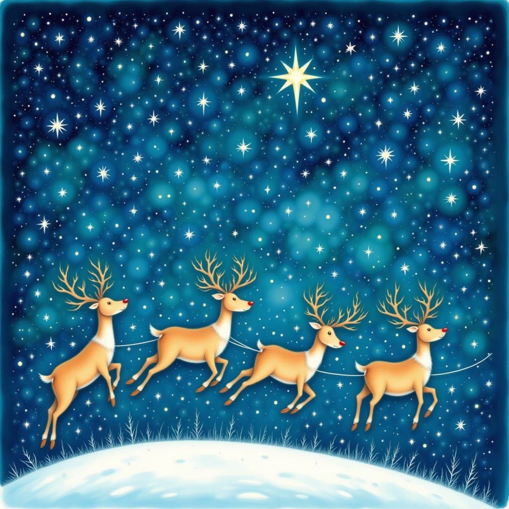 <lora:Storybook Christmas:1.0> Reindeer flying playfully across starry sky