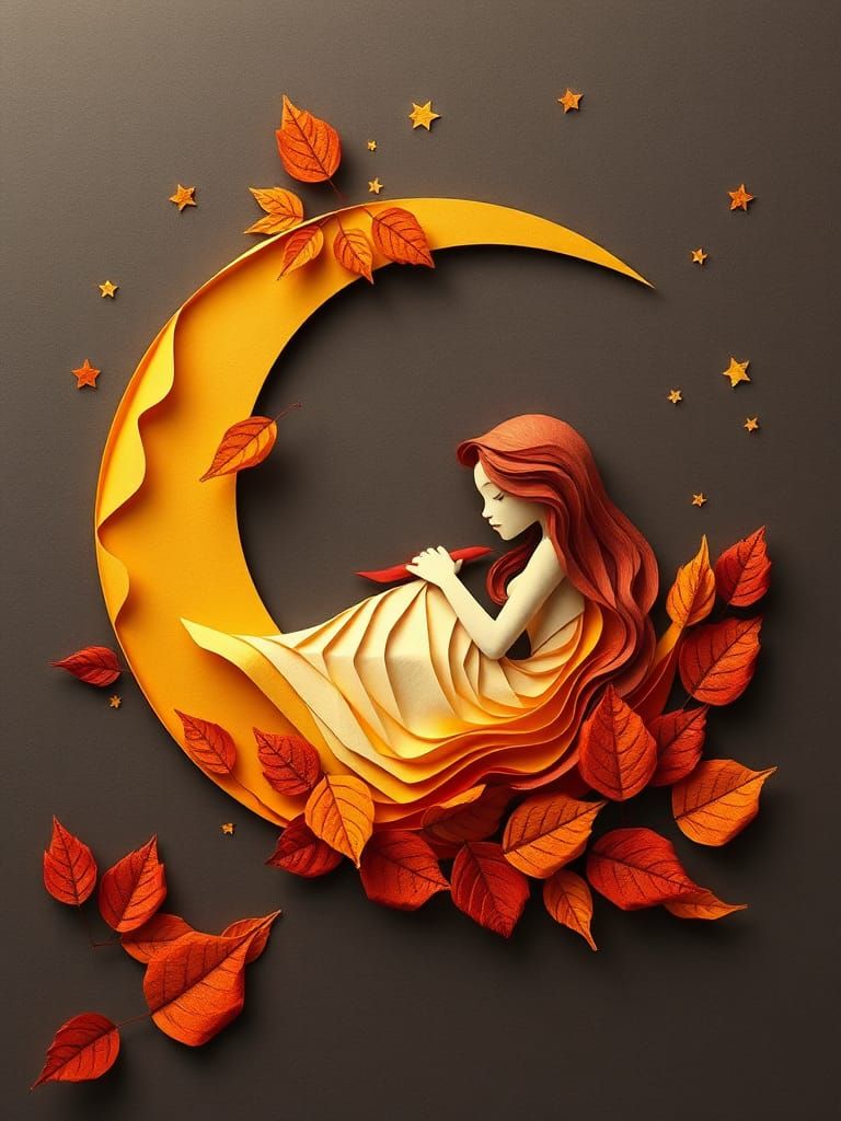 folded paper art, warm autumn colors, beautiful woman sleeping on the crescent moon, stars in the background ...  by @Golem