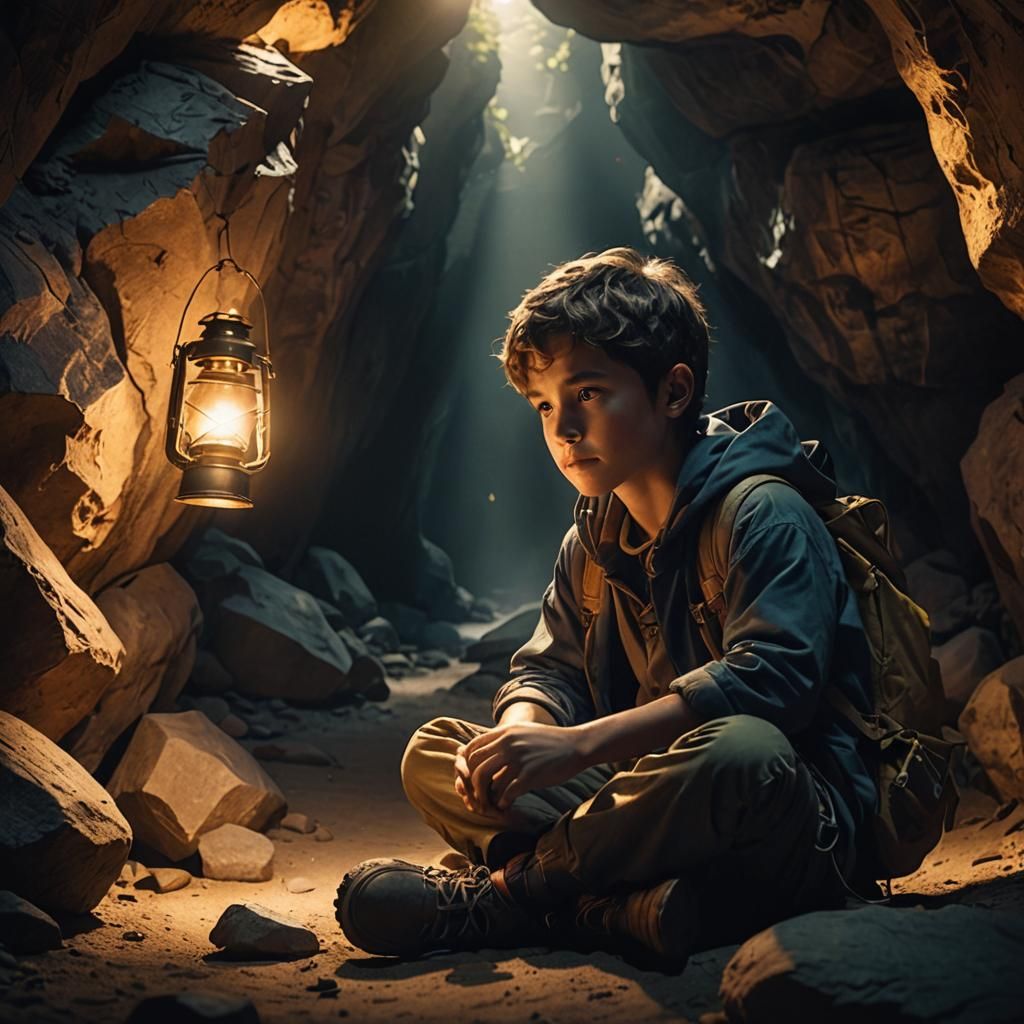 A boy sits in a cave