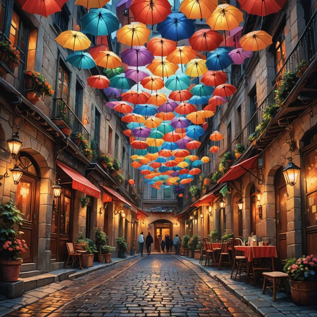 Umbrella Sky: Impressionistic Cityscape in Amber Light