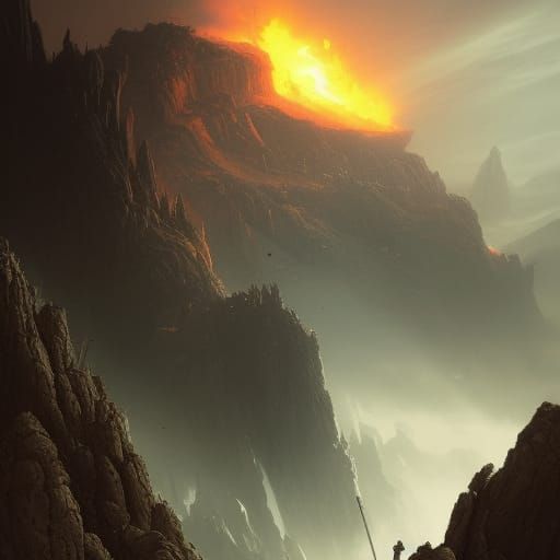 Alien Monster Fighting People on a Cliff Edge with a Burning...
