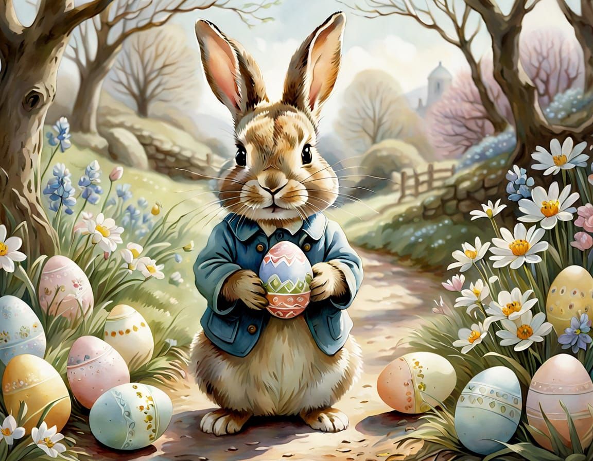 A cute bunny holding an Easter egg.  by @Lorendiac H