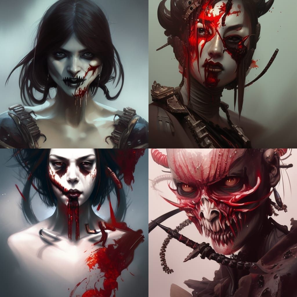 demon woman with samurai swords skull face blood