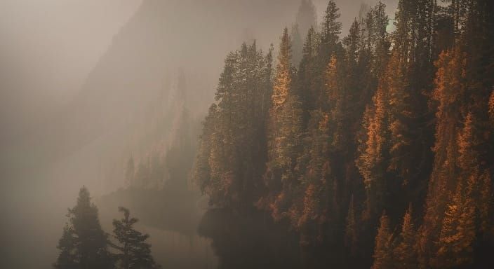 <lora:Nature LS V4:1.0> Man in a hoodie stands on the rocks among forest in fog and beholding the horizon at dawn 