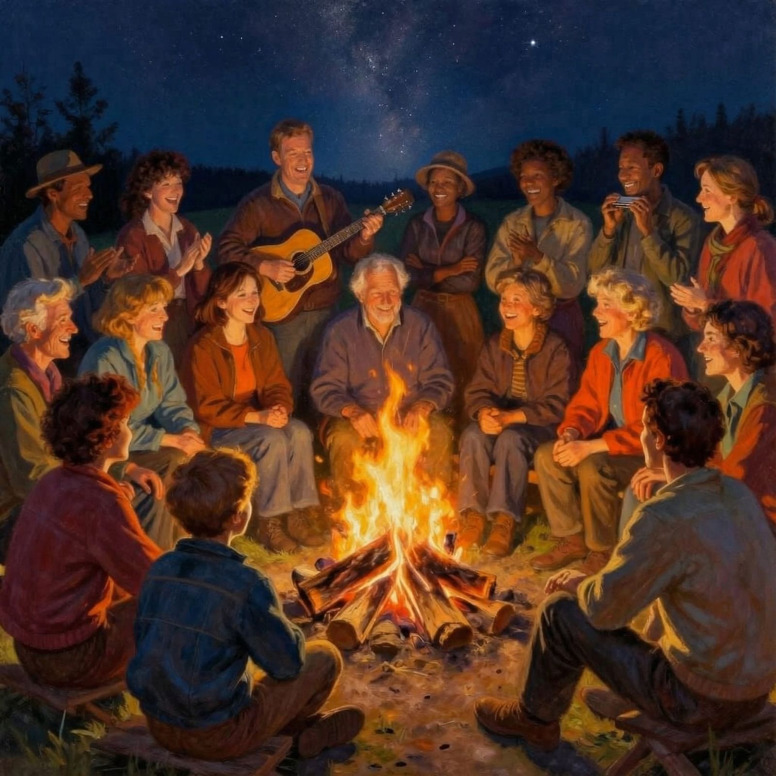 A large group of people sitting around a campfire. They are of different races, nationalities and ages, ...  by @Al_in_Tanzania