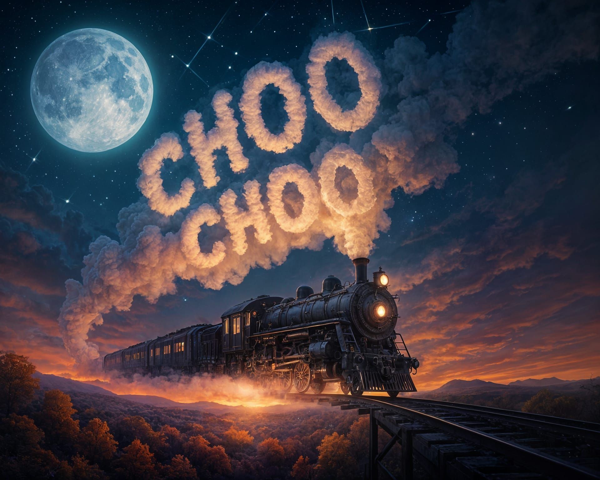 a [retty steam train with steam spelling out the words "Choo Choo" trailing behind it, going through a German-themed village in the snowy mo... - Start Image 1