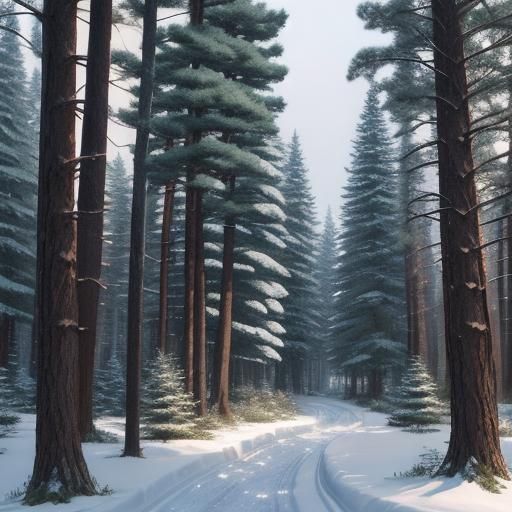 Rustic,Cozy, snowy forrest landscape with pine trees and a c...