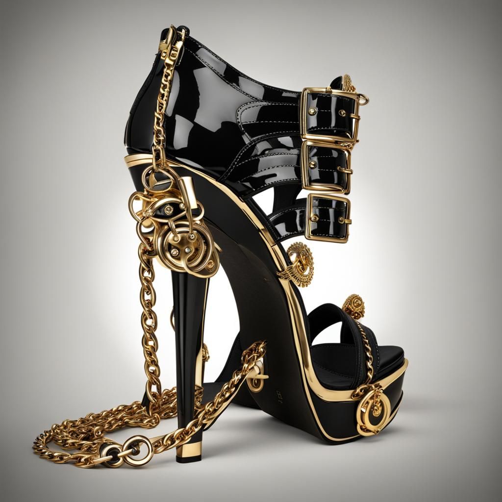 Black gold metallic high heel sandal shoe with golden chain ...