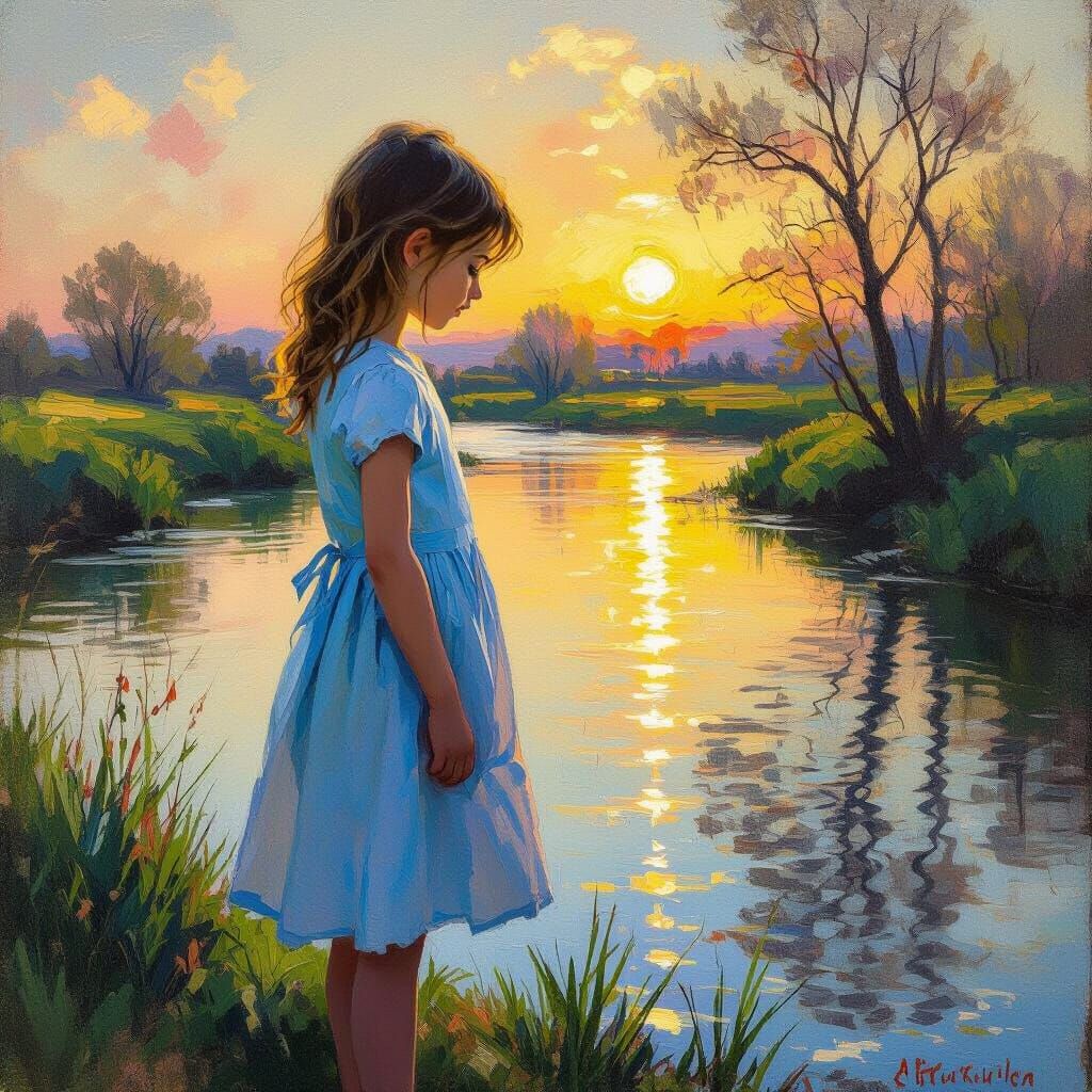 An oil painting of a girl in front of a river in a spring sunset day looking at herself reflection on the water