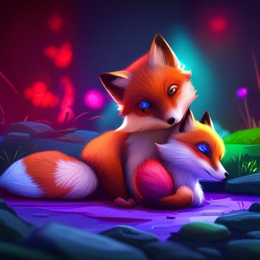 neon baby fox with family, cute, adorable, double color fur,...