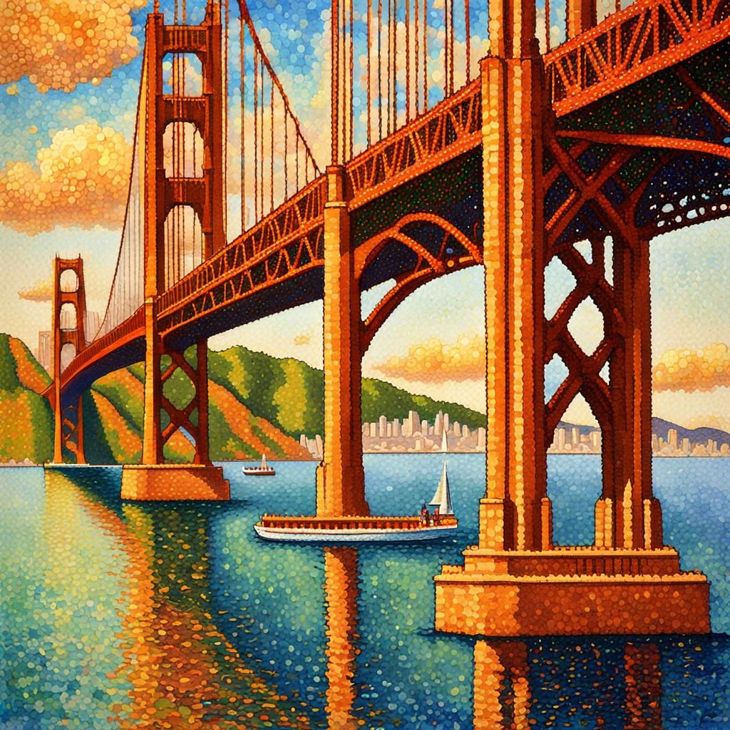 The Golden Gate Bridge as painted  in pointillist style by Georges Seurat  by @Aljopaljo