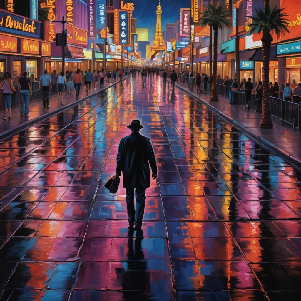 Las Vegas Neon Noir Oil Painting at Night