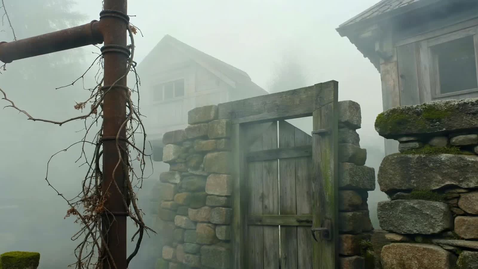 a decrepit horror scene through a foggy haze