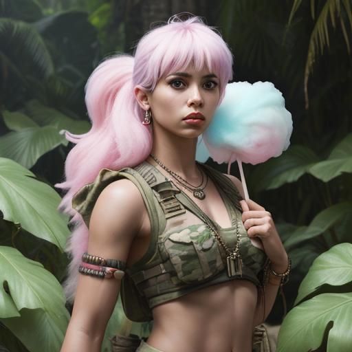 Female Rambo in Candy Jungle, Hyperrealistic Art