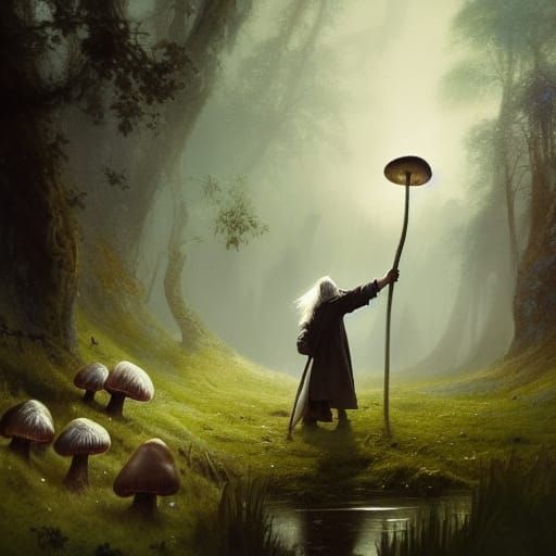 Gandalf picking mushrooms,
a masterpiece, 8k resolution, dar...