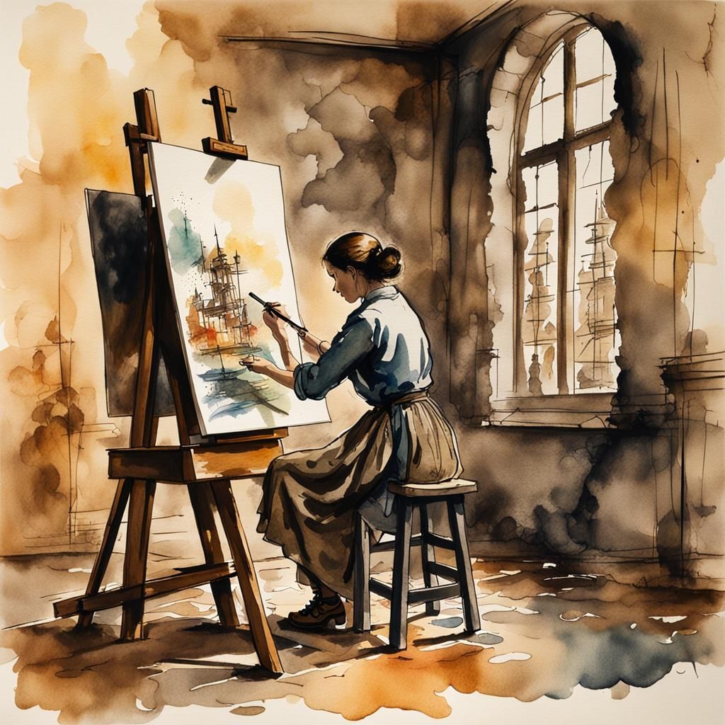 Modern woman Artist Working At An Easel, Ink and watercolor ...