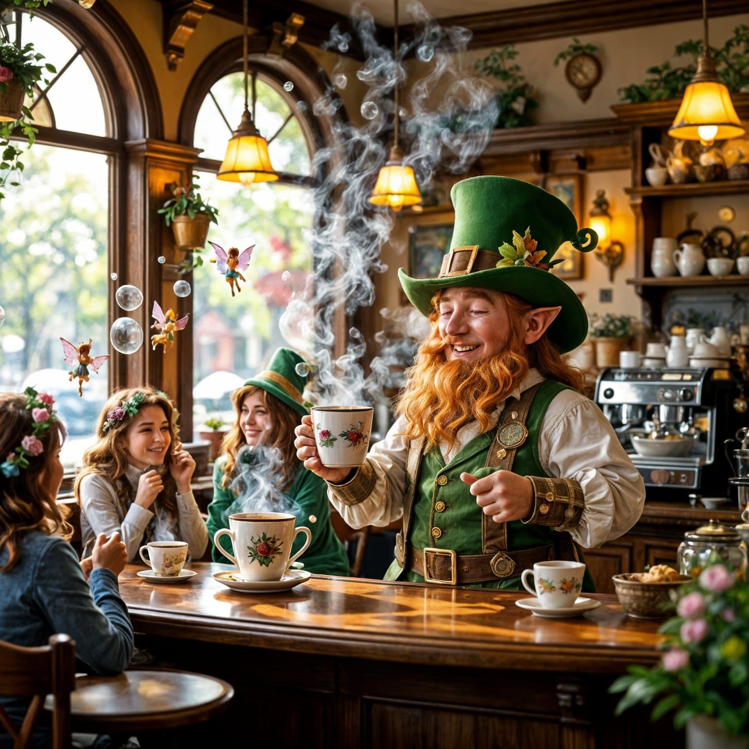 A cosy Café, behind the counter Stands a Leprachaun, broad grin in His face, he fills hot koffee in Mugs, ...  by @Olemanwalkin 