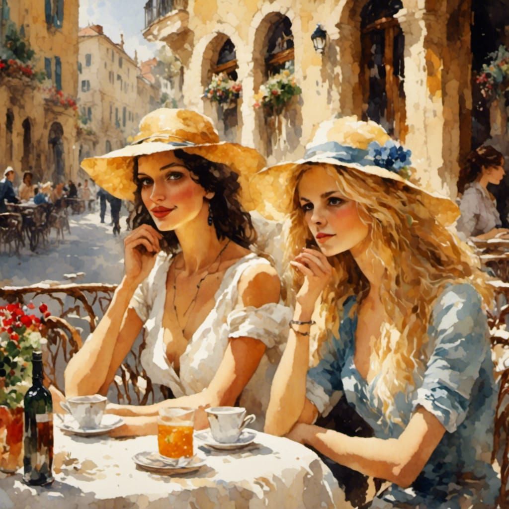 <lora:Blondes Brunettes:1.0> two ladies at an Italian cafe a blonde a brunette 
