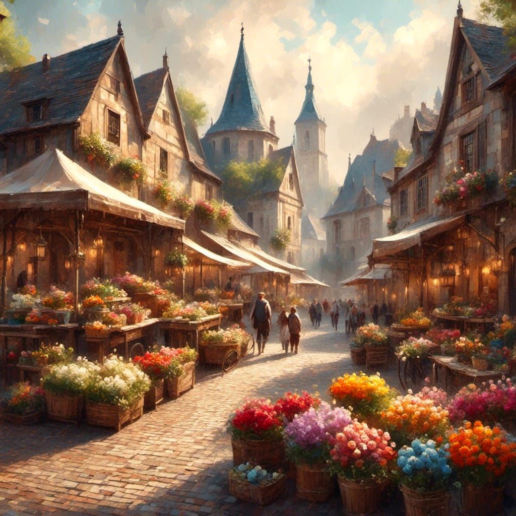 A flower market in a medieval street 