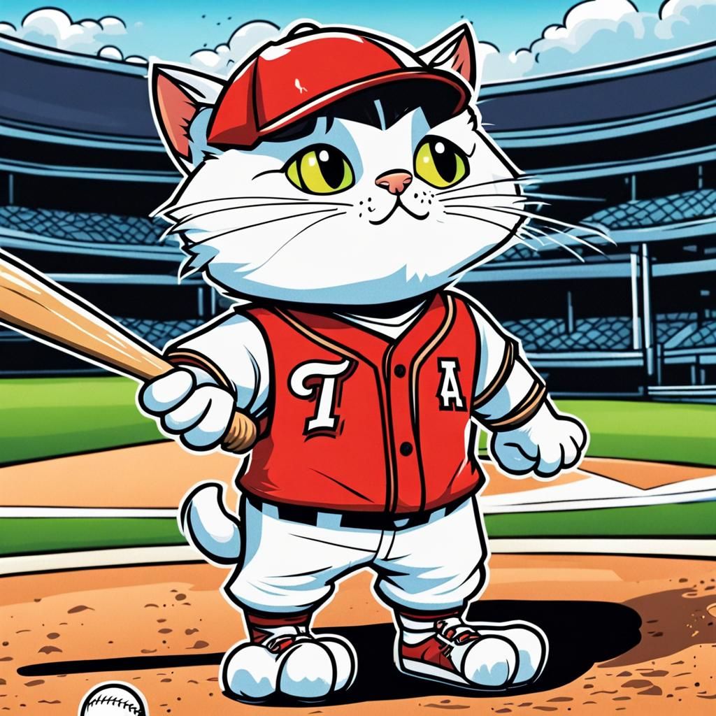 anthropomorphic cute adorable baseball player cat, vividly e...
