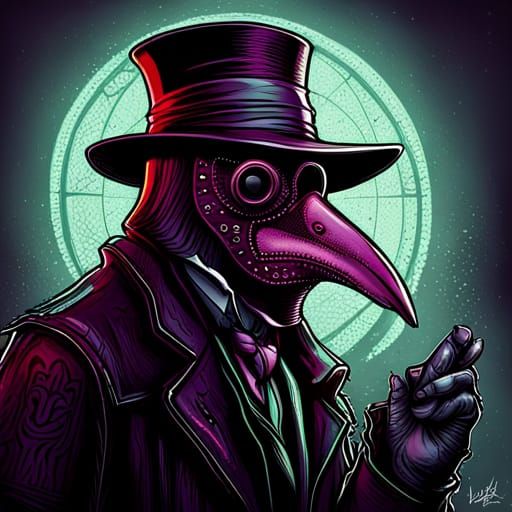Plague doctor wearing an intricately carved leather beak mas...