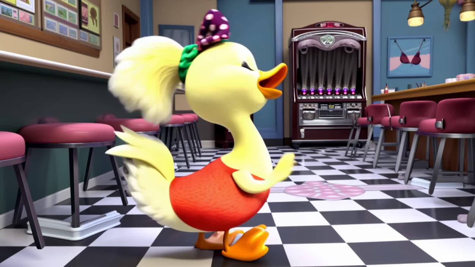 Write an AI generated image prompt for an adorable cartoon dancing duck with a 50s dress on doing the dance called the t...