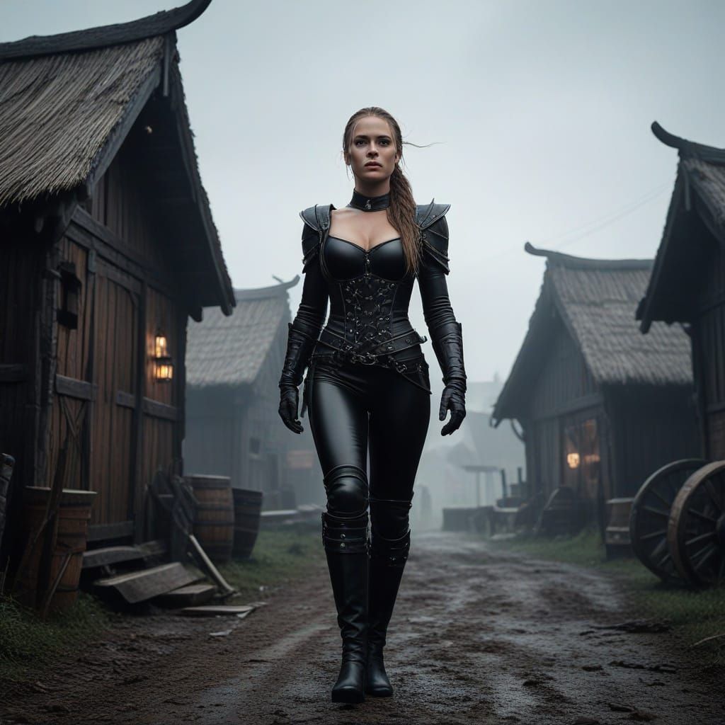 A dynamic full-figure woman in a form-fitting, high-gloss black latex catsuit with a detailed corset, positioned in a dramatic organic pose ...