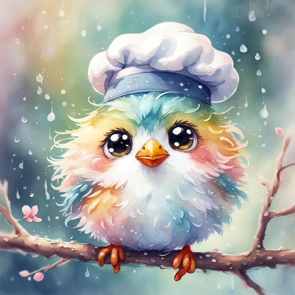 Kawaii fluffy little bird character one a branch. Close up shot. The bird has a blushing face. It wears ...  by @ken trent