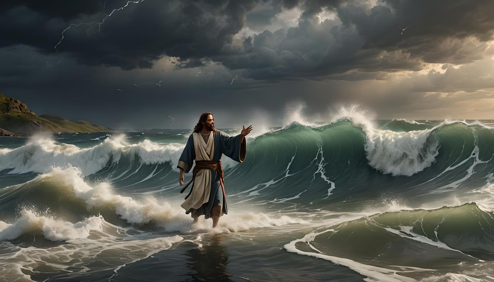 Jesus Walks On The Stormy Lake And Rebukes The Storm - Ai Generated 