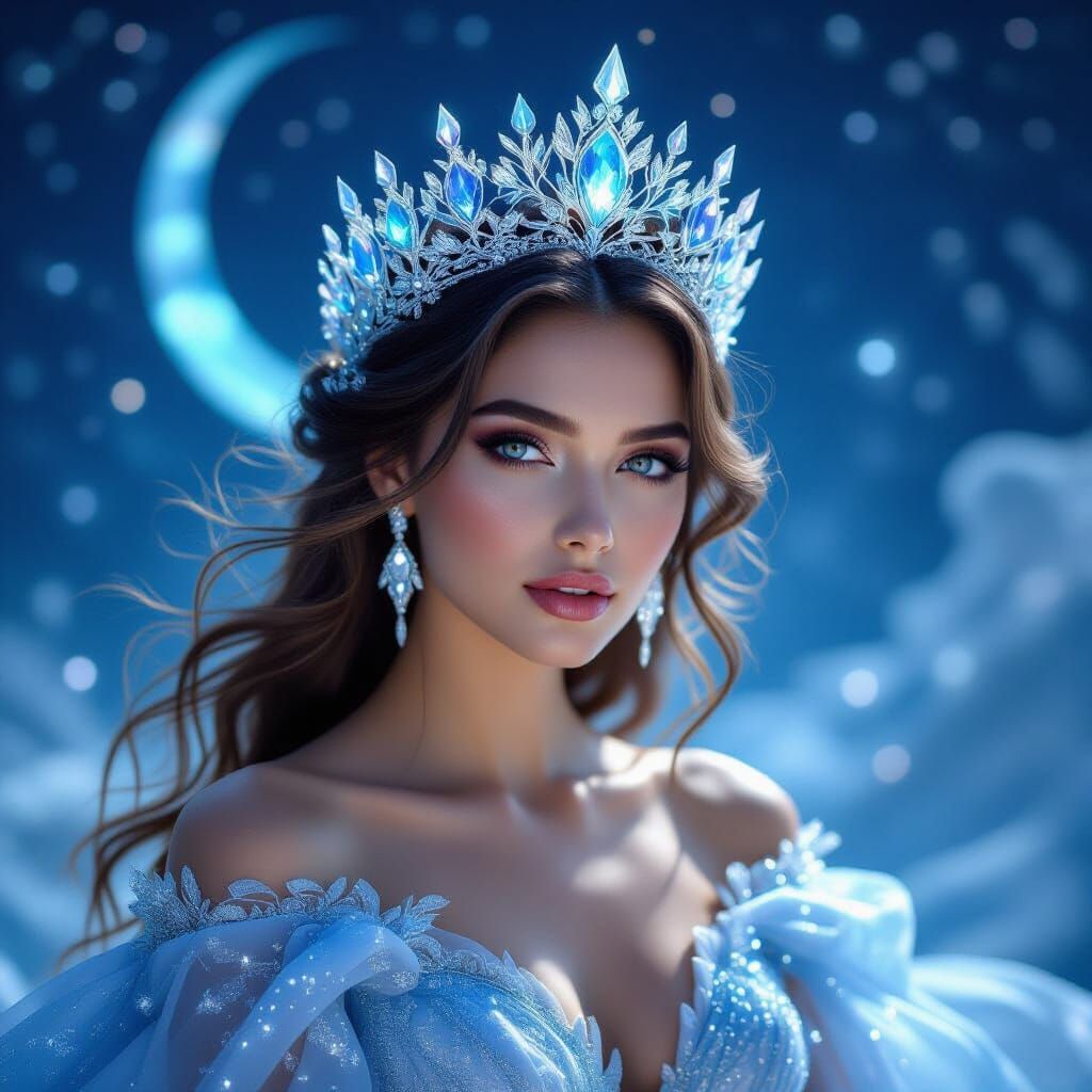 An ethereal queen adorned with a crown of crystallized moonlight and shimmering constellations. Her gown ...  by @inkdrop